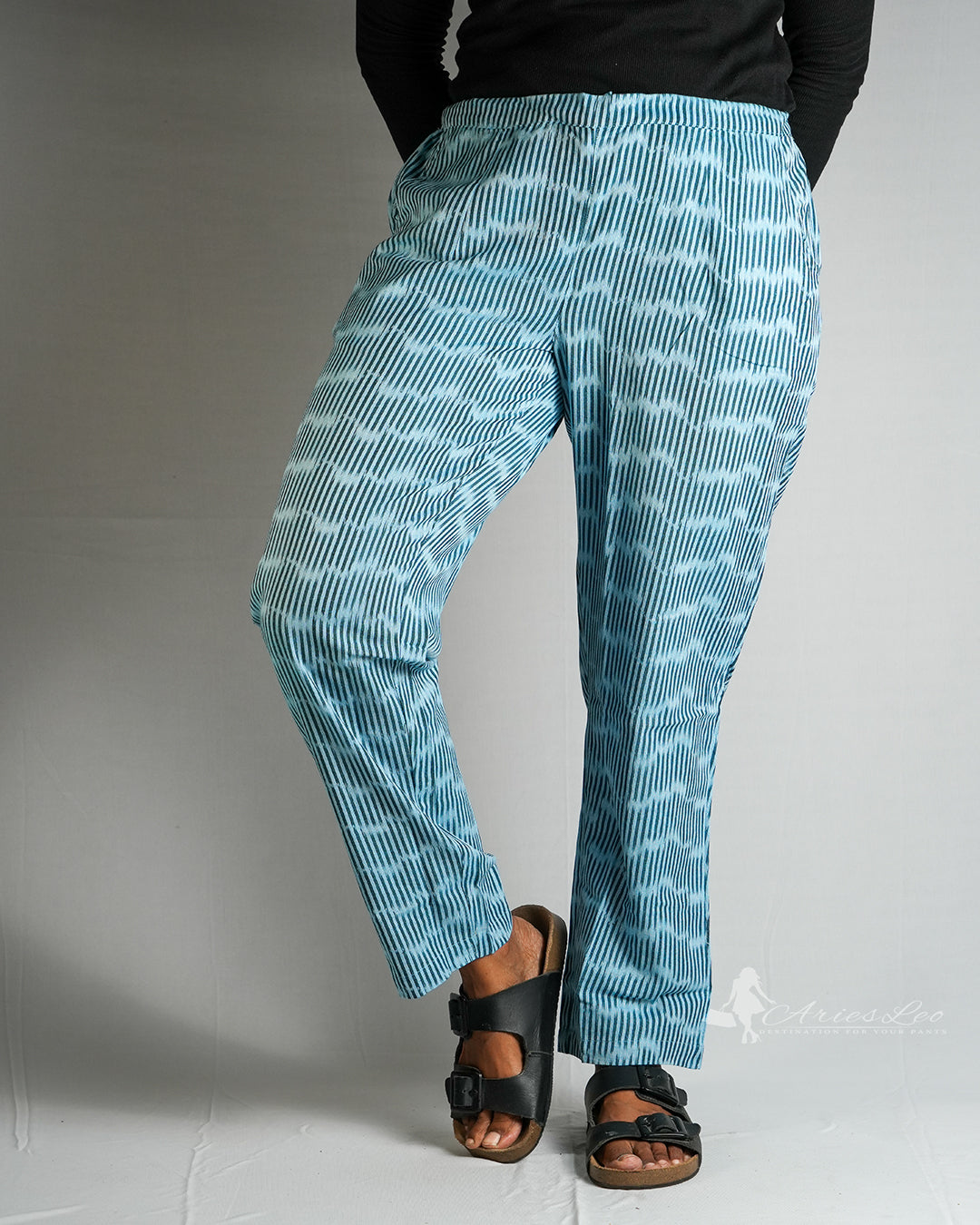 Ikkat Straight Pant-SKY BLUE LINE