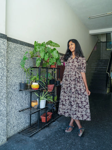 Kalamkari leaf Dress- chocolate brown