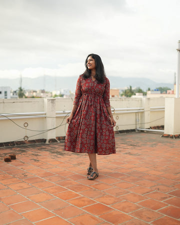 Ira Maroon Floral Cotton Dress