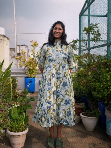 Elara Blue Floral Cotton Dress