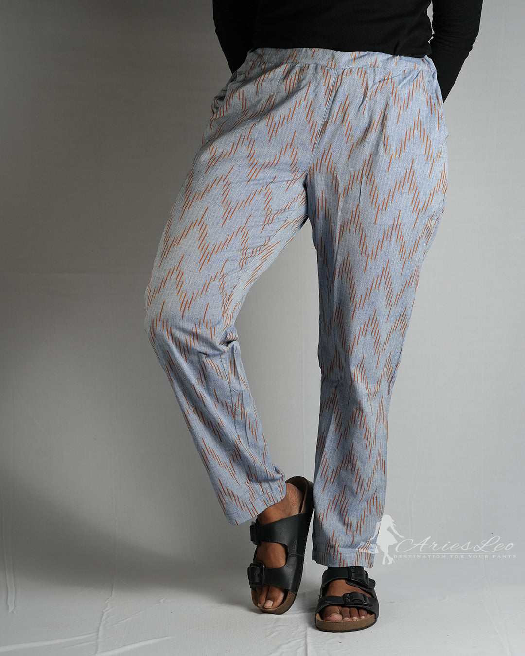 Ikkat Straight Pant-BLUE GREY