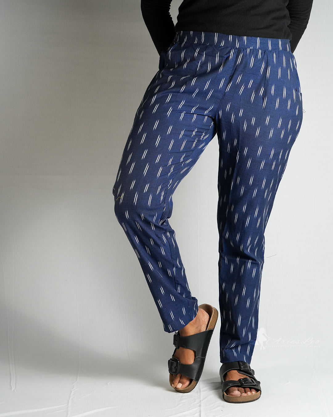 Ikkat Straight Pant-NAVY BLUE