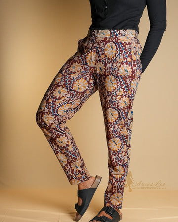 KALAMKARI STRAIGHT CUT PANTS-maroon